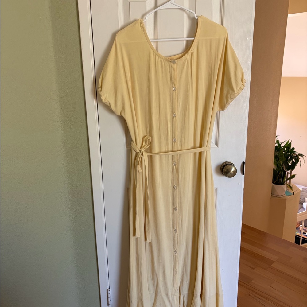Hackwith Design House - Yellow Button-Front Tie-Waist Maxi Dress, M/L - w/ HOLE